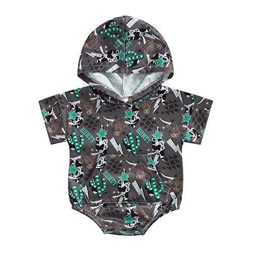 Image of Omkzanbi Western Baby Boy Hooded Sweatshirt Romper Cow Print Retro Long Sleeve Onesie Hoodie Pullover Sweater Winter Clothes