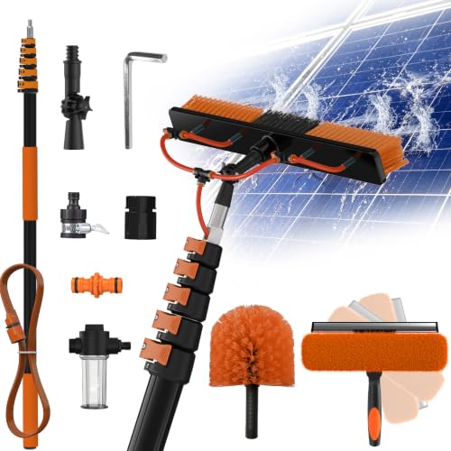 Image of Buyplus 30FT Reach Solar Panel Cleaning Brush Kit with 5-24FT Telescoping Pole, Water Fed Window Cleaner Tool with 20 inch Brush, Soap Dispenser, Cobweb Duster, Squeegee for Roof, RV, Gutter, Deck,Orange