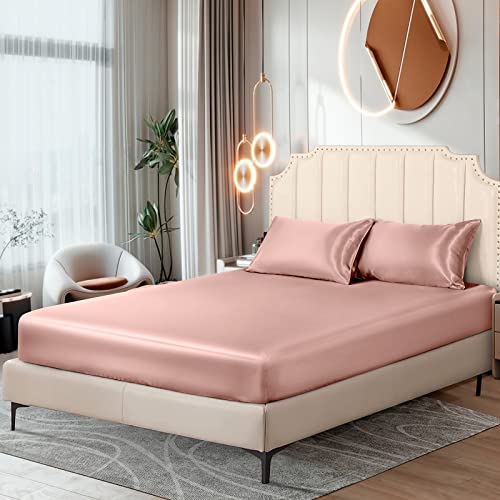Image of Ersmak Satin Fitted Sheet Only, Luxury Silky Full Fitted Sheet Ultra Soft Deep Pocket Bottom Sheet, Wrinkle & Fade Resistant - Champagne