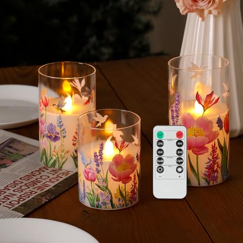 Image of Glass Flameless Candles with Remote, Hummingbird Floral Battery Operated Candles, Flickering LED Pillar Candle for Wedding, Home, Party Gift, Set of 3