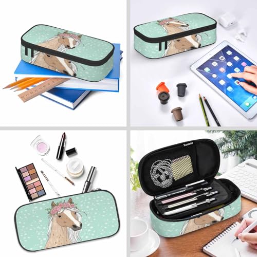 Image of Horse Flowers Pencil Case Rose Floral Peony Cartoon Animal Green Pencil Bag Pen Markers Pouch Holder Organizer for Boy Girl School Students