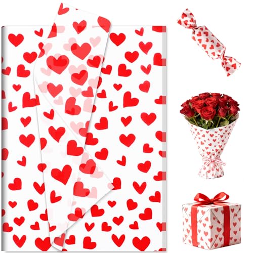 100 Sheets Valentines Day Tissue Paper 20 x 14 Inch Romantic Red Heart Wrapping Tissue Paper Decorative Gift Wrapping Supplies for Anniversary Weddings Valentines Day DIY Crafts