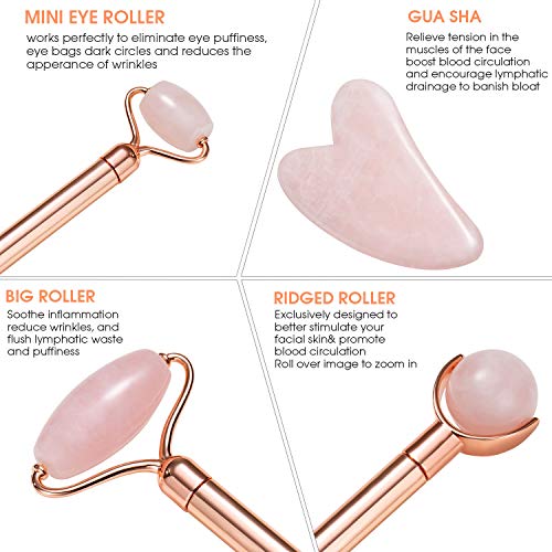 Facial Roller,4 in 1 Rose Quartz Facial Jade Roller & Massager, 4 Changeable heads Facial Skin Care Tools for Face Roller, Eye, Neck, Body