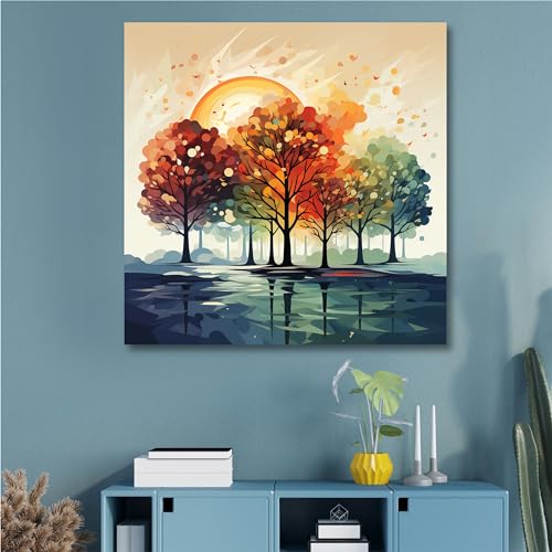 Image of SAF painting Abstract Forest Landscape Wall Art - Vibrant Multicolor Trees with Reflection - Canvas Painting for Living Room, Bedroom, or Office Decor 30 Inch x 30 Inch