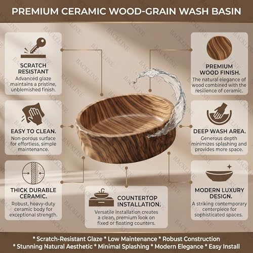 Image of Backline Basin For Bathroom | Countertop Wash Basin (40 x 40 x 13.5 Cm) | Ceramic Bathroom Sink | Table Top Basin | Scratch & Stain Resistant Easy to Clean | Modern Luxury Basin (Wooden Finish)