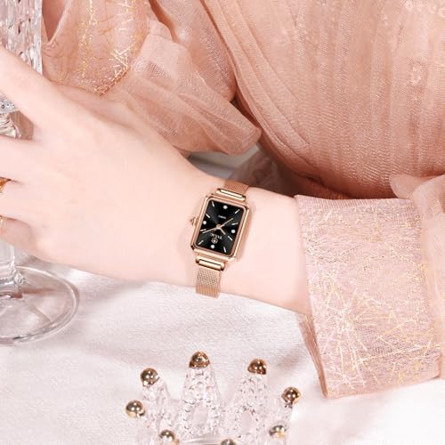 Rose Gold Square Watches for Women Luxury Diamond Women Watch Analog Quartz Stainless Steel Women's Wrist Watches Waterproof Business Dress with Black Face Casual Ladies Watch2