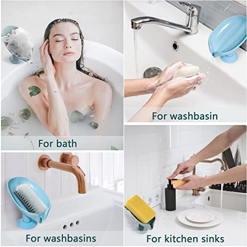 2 Pcs Self Draining Soap Holder, Not Punched Easy Clean Soap Dish For Shower, Leaf Shape Self Draining Soap Holder With Suction Cup Creative Soap Box, For Bathroom, Kitchen Sink (Light Blue + Gray) #TOP4