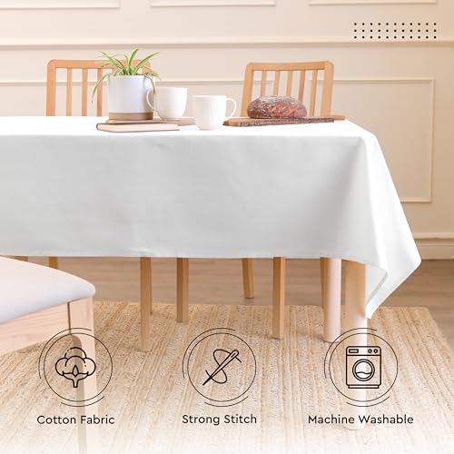 Image of Encasa XO Dining Table Cover Cloth for 4 to 6 Seater | 140x180 cm Cotton Canvas Rectangular Table Cloth | Machine Washable Tablecloth for Indoor & Outdoor Use - White Solid Color