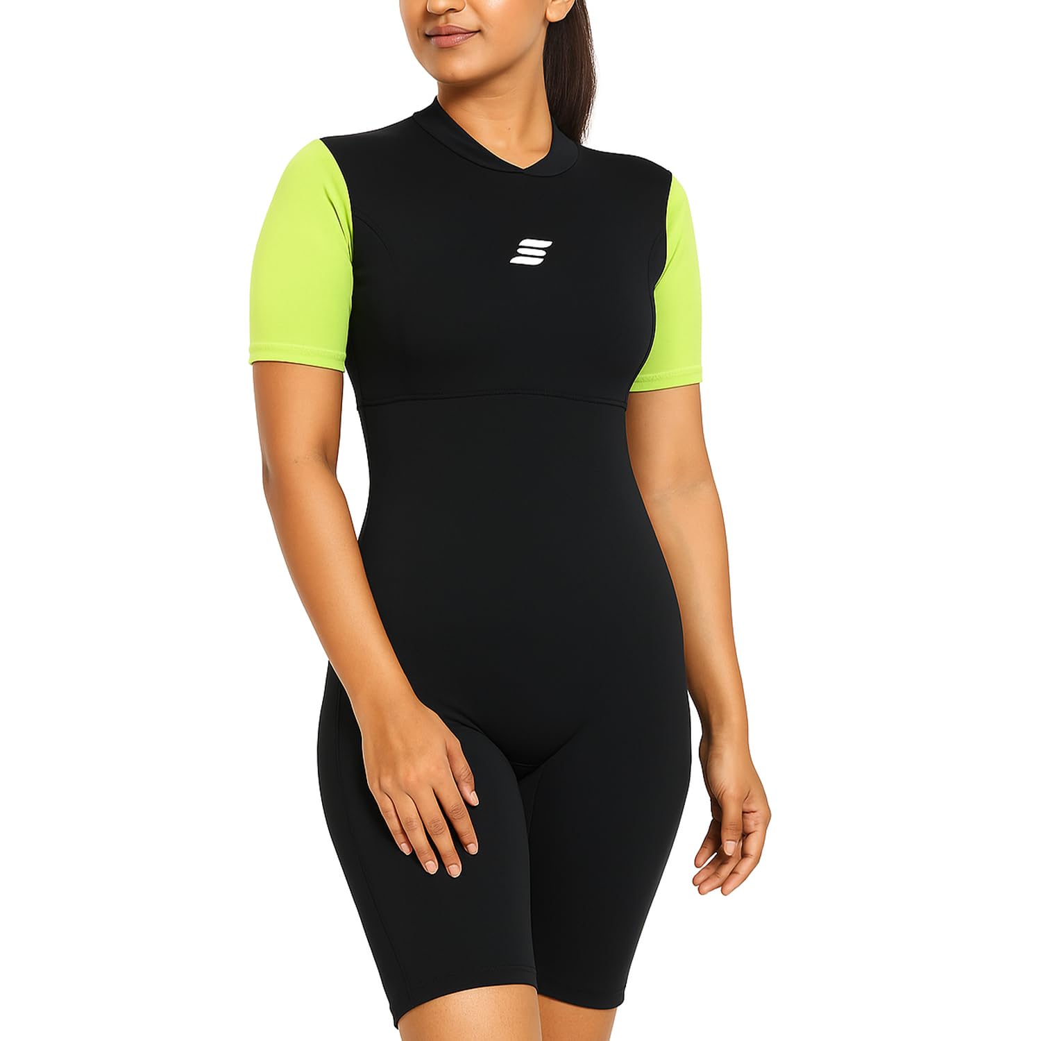 Women’s Colourblocked Padded One-Piece Swimsuit | Nylon-Spandex Bodysuit/Legsuit | Quick-Dry | Black & Neon Green - XL-image-3