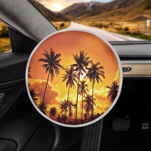 Image of Coconut Tree Car Sun Shade for Car Steering Wheel Cover Foldable Anti Heat Automotive Steering Wheel Heat Shield Cover Easy Installation Universal Steering Wheel Shield