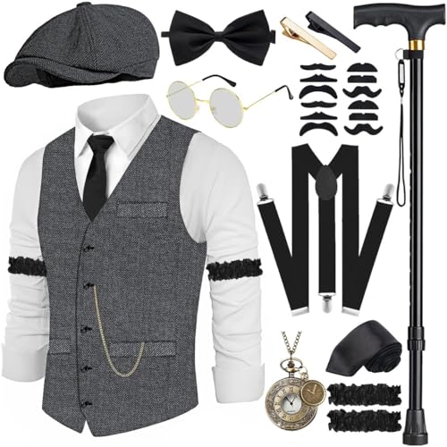 Disfarce dos anos 20 para homem, colete com acessórios, alças, muleta, relógio de bolso, barba, boina, óculos, alfinete de gravata para fantasia de máfia dos anos 20, gangster, Peaky Blinders