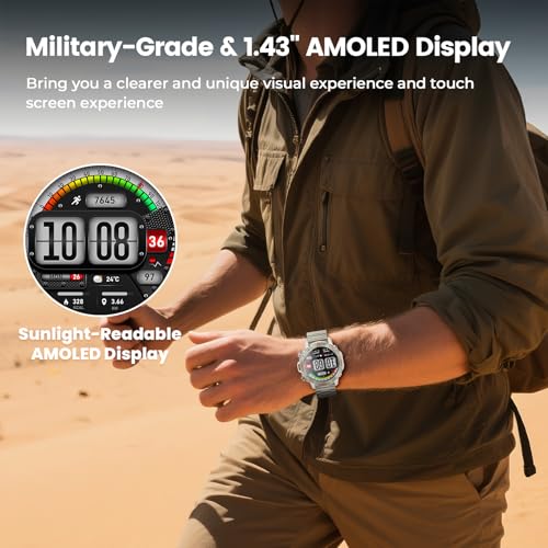 Image of Silver Smart Watch for Men, 1.43 inch AMOLED,5ATM Waterproof,170+ Sports Modes | Round Health Fitness Tracker Watch, Tactical Military Smartwatch Compatible with iPhone Android