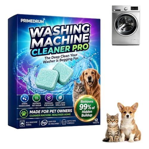 PrimeDrum Washing Machine Cleaner Pro Tablets -12 Remove Odour & Pet Hair Clean the Inner Drum and Laundry Tub Seal All Washing Machines Eliminates Odour Mould Detergent Residue (1 Box)