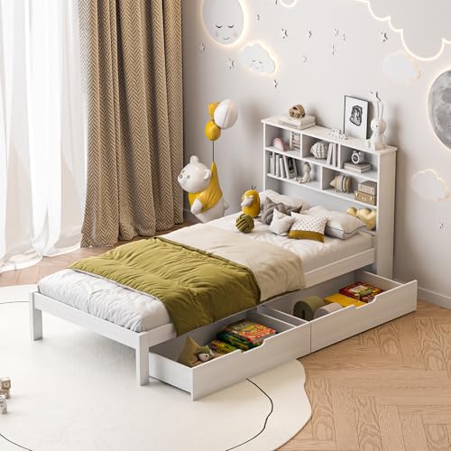 BONUIE Cama infantil individual de 90 x 200 cm, cama de madera con 2 cajones, estructura de cama con somier, espacio de almacenamiento, cabecero de madera, cama técnica, sin colchón, blanco (90 x 200