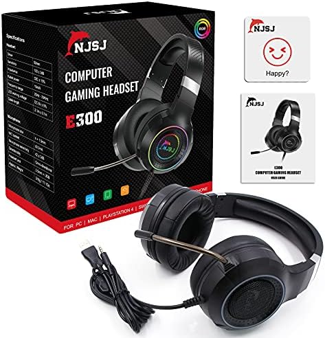 NJSJ Wired Gaming Headset with Mic for PC Xbox /PS4/PS5 with 50MM Driver,USB and 3.5mm Audio Jack,LED RGB Light Headphones with Noise Cancelling for Laptop Mac Nintendo Switch - Black