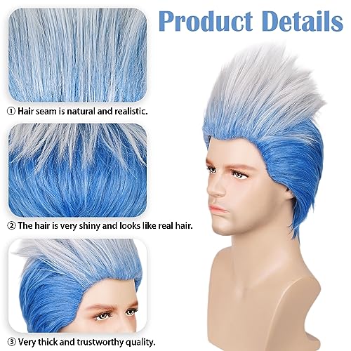 Image of Max Beauty Short Curly Cosplay Wig Men Adult Ombre Blue and White Anime Wig for Halloween + Free Cap