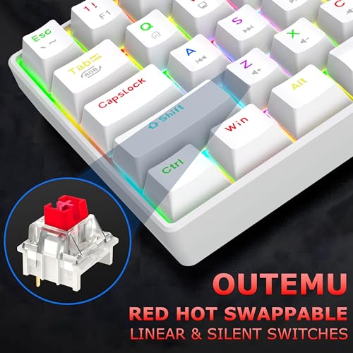 Image of Ant Esports MK1300 V2 60% Wired Mechanical Gaming Keyboard, 61 Keys Compact Mini Software Controlled, RGB Backlit,Hot-Swappable Red Switches, Detachable USB-C, Anti-Ghosting, PC /Mac Compatible - White