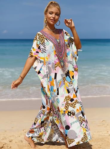 Women's V-Neck Batwing Sleeve Kaftan Dress Lightweight Beach Swimwear Cover Up for Mumu Tropical Vacation2