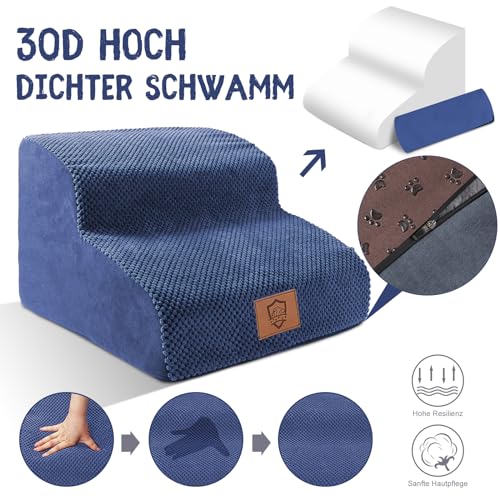 Zvonema Hundetreppe, Haustiertreppe aus Schaumstoff, 2 Stufen, mit waschbarem Bezug und rutschfester Unterseite, tragbare Rampe für Hunde und Katzen