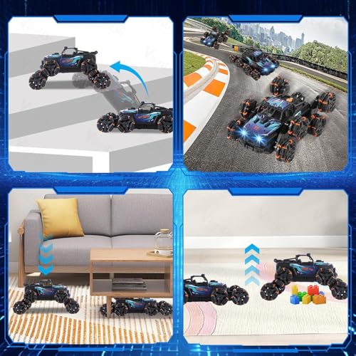 Image of VikriDA 8 Wheel Remote Control Car with Lights, Music & 360 Rotation - Hand Control RC Vehicle Toy for Kids & Adults - Black