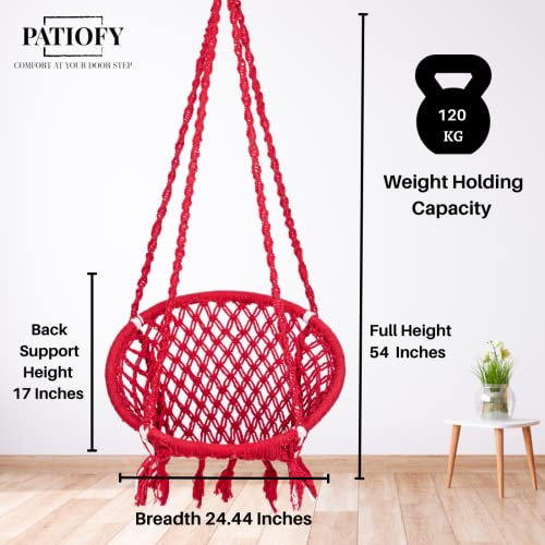 Image of Patiofy Cotton Netted Round Large Swing for Adults /Swing for Balcony /Swing Chair for Adults for Home /Hammock Swing for Adults /Swing Chair Wooden /Without Hanging Kit (120Kgs Weight Capacity- Red)