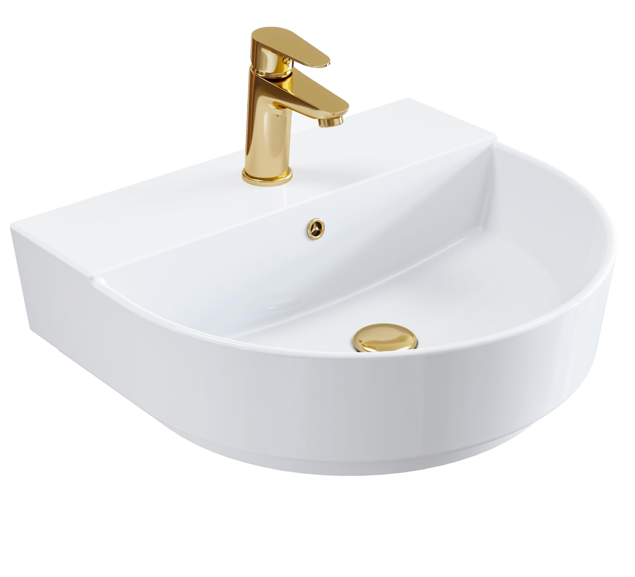 HOROW Lavabo ovale in ceramica bianca - piccolo 50 cm per bagno degli ospiti e piccolo bagno | installazione versatile - appeso a parete o piano di lavoro | con ripiano e foro per rubinetto