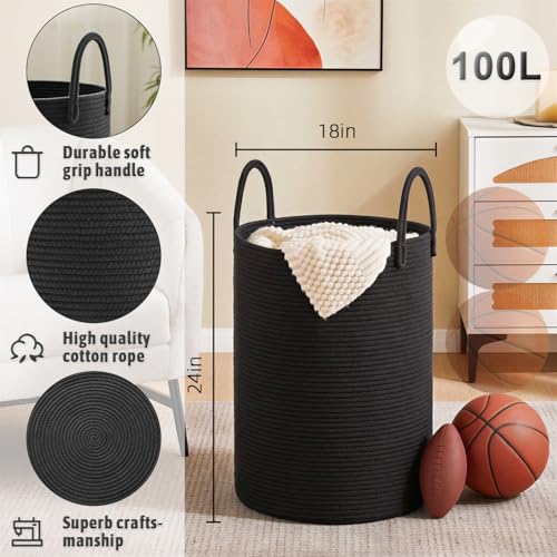 Image of Artfeel Laundry Basket,Woven Cotton Rope Laundry Hamper,100L for Decorative Storage of Dirty Clothes,Toys and Blankets in Bathroom,Baby Room and Living Room