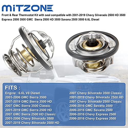 Mitzone Front & Rear Thermostat Kit With Seal Compatible With 2001-2019 Chevy Silverado 2500 Hd 3500 Express 2500 3500 Gmc Sierra 2500 Hd 3500 Savana 2500 3500 6.6L Diesel #TOP1