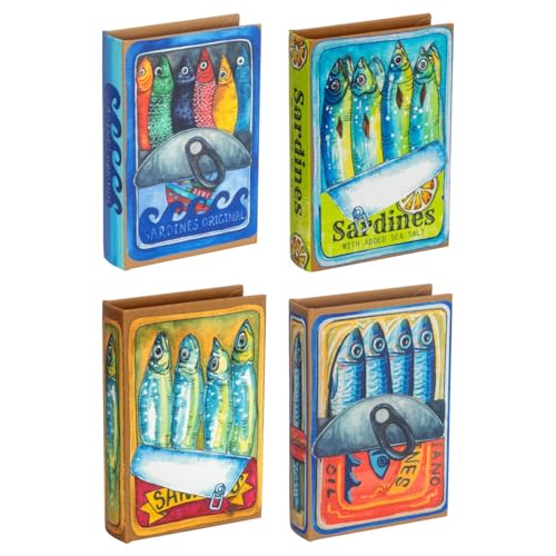 Générique Boîte de Rangement Set de 4 en Forme de Livre Décoration Sardines Rétro Bois MDF 13x9x3cm
