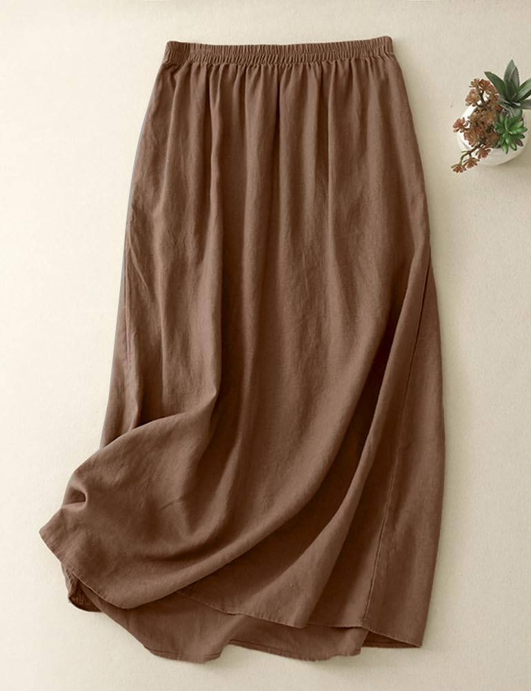Kinghua Leinenröcke für Damen, Frühling, Sommer, A-Linie, elastisch, hohe Taille, lässig, trendig, Midi-Rock mit Taschen