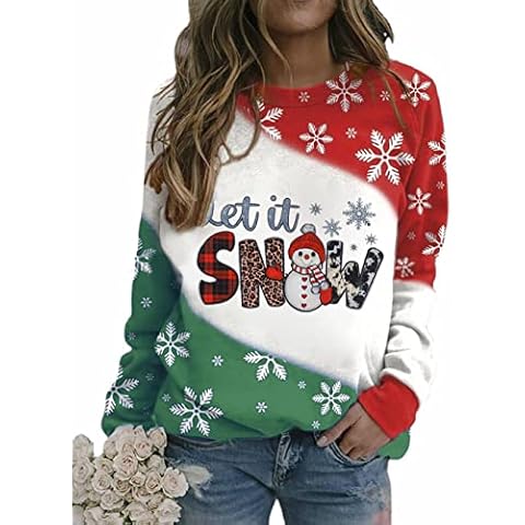 Let It Snow Sweatshirt Women Christmas Sweatshirt Cute Snowman Graphic Sweatshirt Tops Xmas Holiday Long Sleeve Tops, Green, XXL Cover