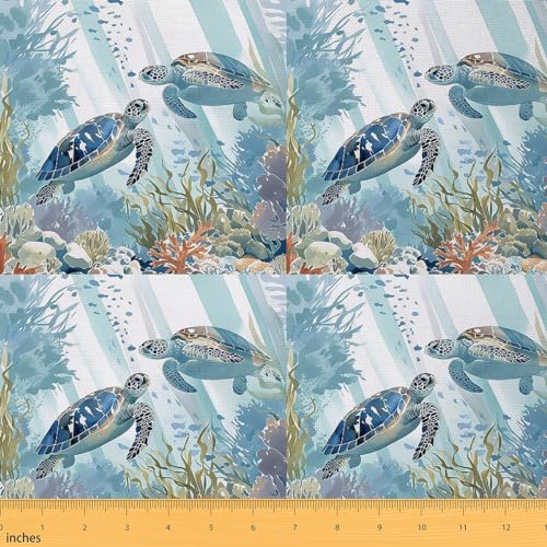 Tissu motif tortue de mer pour décoration de table côtière et coussin extérieur DIY