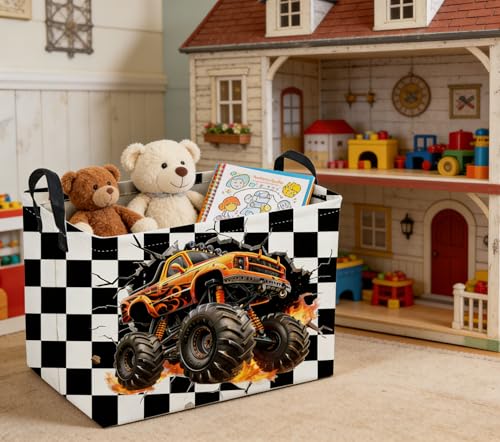 Image of Sanjiaofeng Rectangular Monster Truck Basket for Kids,Baby Storage Bins with Handles for Car Decor,Racing Storage Bin,Cute Toy Storage Organizer for Boys and Girls,Car Room Decor(Racing flag)