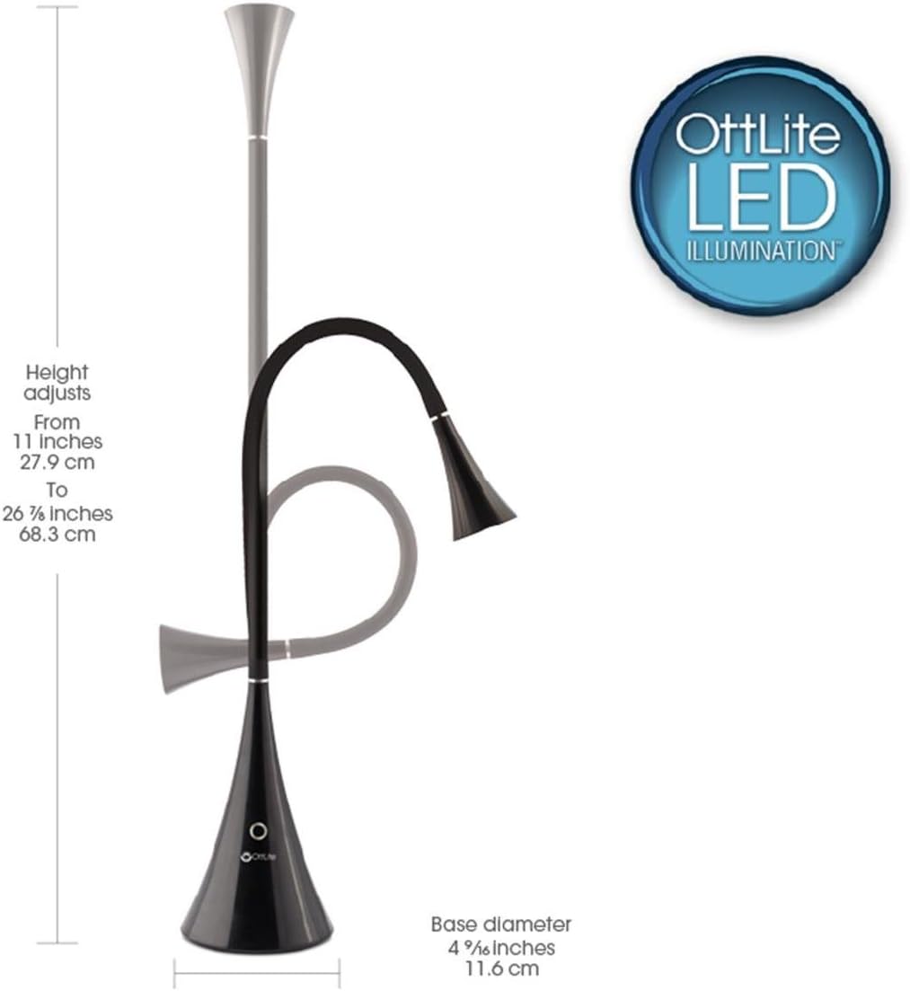 Diagram showing the OttLite LED FlexNeck Table Lamp with height adjustments from 11 to 26.8 inches and a base diameter of 4.75 inches.