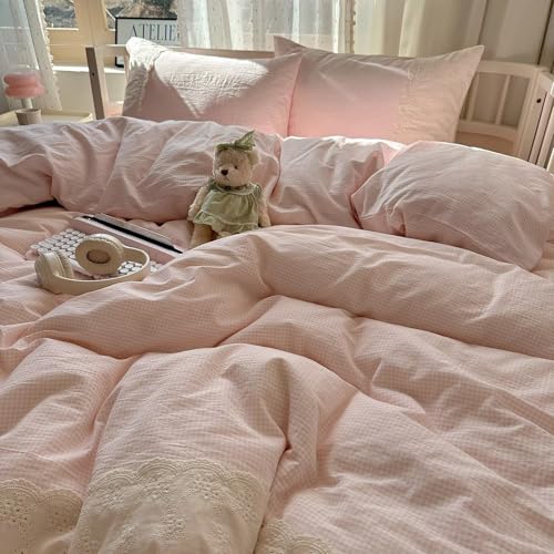 Image of MKXI Vintage Floral Duvet Cover Set Twin XL - Pink & White Gingham Check with Lace Border, Soft Washed Microfiber 3-Piece Bedding Set for Girls, Teens & Adults, Princess Cottagecore Style