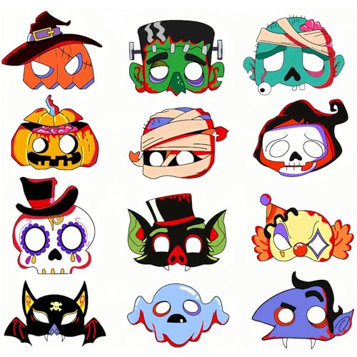 yayafunfun Lot de 12 masques en papier d'Halloween pour sacs de fête, arts et travaux manuels, masques pour les yeux de dessin animé, masques de costumade pour garçons et filles, fêtes Cinco de Mayo