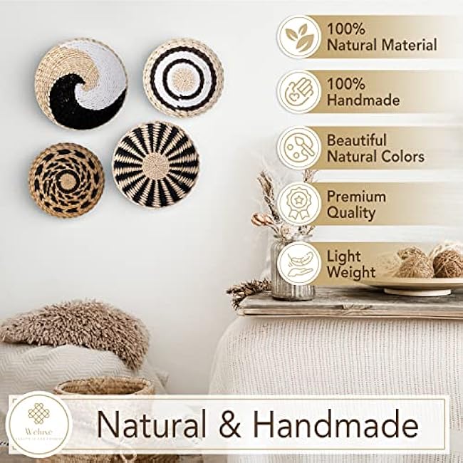 Wall Basket Decor Set of 4 - Black, Brown & White - Woven Macrame Wall Baskets - Hook Attached for EASY Hanging - Boho Wall Decor for Farmhouse Style - Rattan baskets