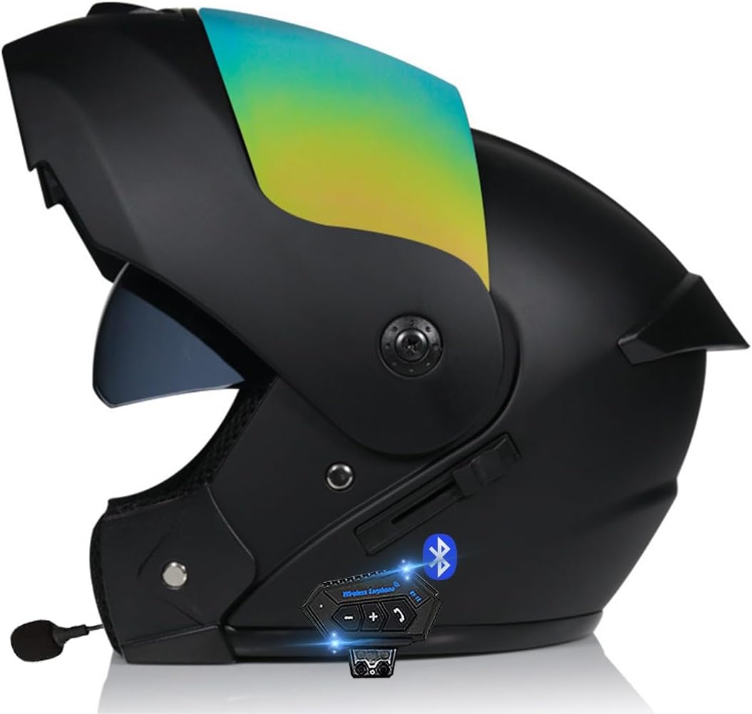 Motorcycle Helmet Flip-Up Helmet with Bluetooth Motorcycle Bluetooth Modular Helmet ECE Certified Integral Helmet with Double Visor for Automatic Response Helmet Men Women 21.6-24.4 inches