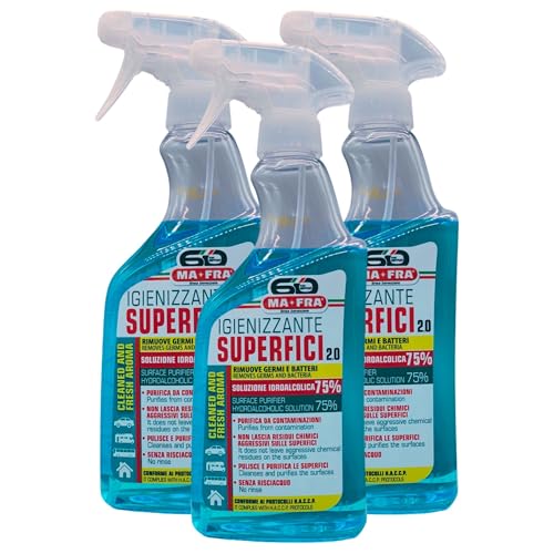 Detergente Spray IGIENIZZANTE SUPERFICI 2.0, Soluzione Idroalcolica 75%. Rimuove Germi e Batteri, Purifica Da Contaminazioni, Non Lascia Residui Chimici Aggressivi Sulle Superfici 500ml (3 Spray)