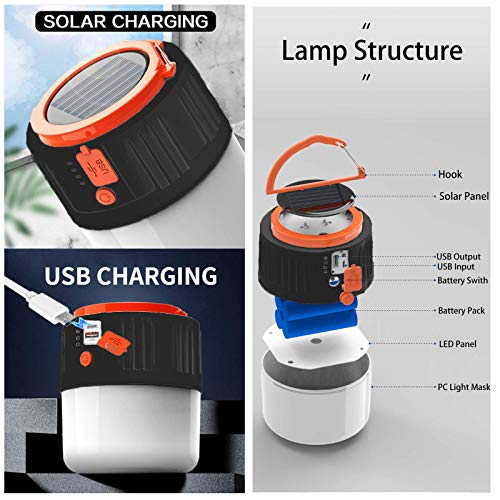 LED Solar Camping Lamp - USB Rechargeable Camping Lantern Rechargeable Portable Garden Lantern Safety Emergency Light Power Bank 6 Modes Waterproof Search Light for Night Fishing Hunting (Black) - Image 3