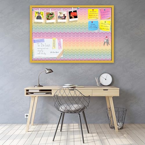 Image of ArtzFolio Wavey | Bulletin Board Notice Pin Board | Vision Soft Board Combo with Thumb Push Pins & Sticky Notes | Golden Frame | 24 x 16 inch (61 x 41 cms)