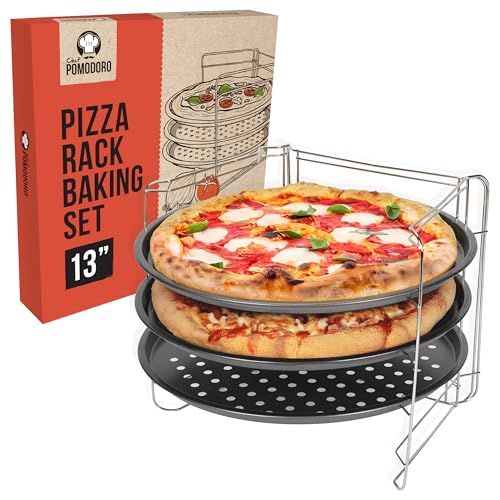 Chef Pomodoro Pizzablech rund 33cm, Pizzaständer für Backofen – klappbares Pizzagestell, 3x gelochte Pizzapfanne, Pizza Stahl, stabiles Pizza Backset für Ofen