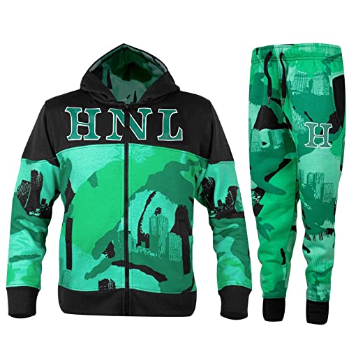 Boys Tracksuit HNL Camouflage Contrast Panelled Fleece Zipped Hooded Top & Gym Jogging Bottoms Set