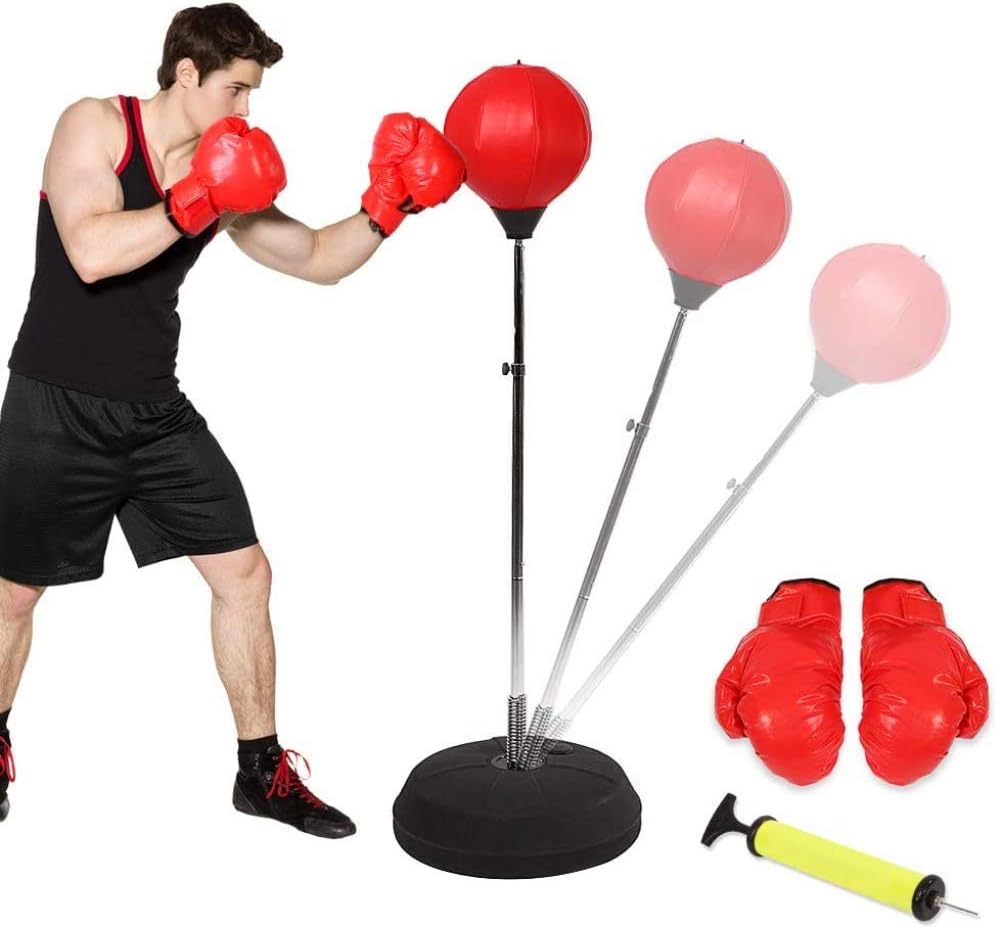 qiuqiu Adults Gift Boxing Ball Freestanding Boxing Punch Bag Set, Adjustable Height Reflex Bag Boxing with Gloves Inflatable Speed Ball Good Birthday Gift for Adults