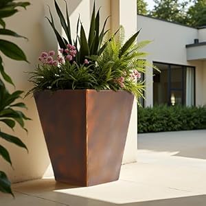 Worth Garden 14 Dia x 18 H Large Metal Floor Planter Set of 2 Matte Bronze Retro Finish Tall Square Tapered Steel Plant Pots Decor Flower Pot Indoor Outdoor Drainage Hole