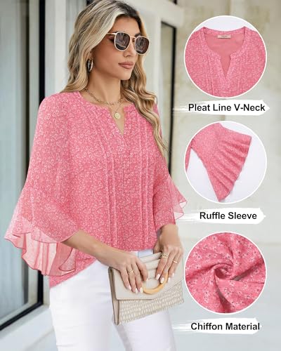 Image of Timeson Women's Short Sleeve V Neck Blouses Shirts Floral Double Layers Mesh Tunics Tops