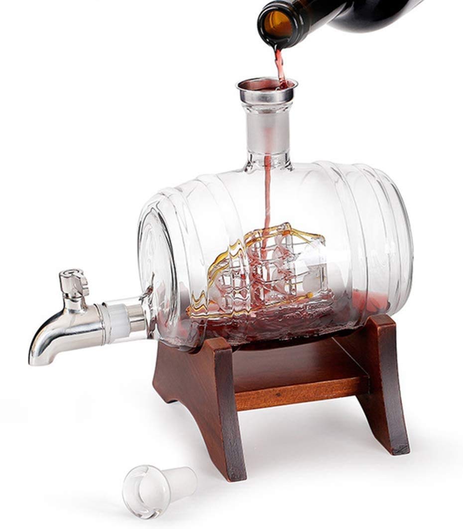 zaizai Carafe À Whisky en Baril avec Bateau, Support en Bois avec Robinet Bouteille en Verre en Forme De Tonneau De Vin, Distributeur d'alcool 1000 ML