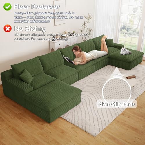 Image of 165 inch Cloud Couch Modular Sectional Sofa for Living Room, U-Shape Boneless Couch with Deep Seat, Modern Corduroy 5-Seater with Ottomans, No Assembly Required, Green