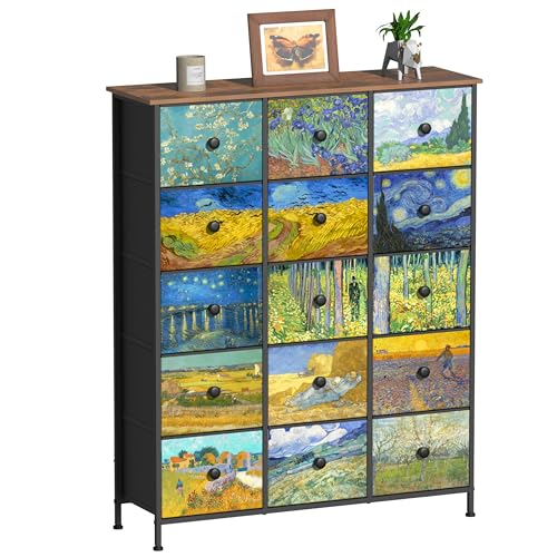 Image of EXOTICA Large Chest of Drawers 15 Drawer Dresser Van Gogh Tall Fabric Dresser for Bedroom Living Room Entryway Closet with Sturdy Metal Frame and Wooden Top