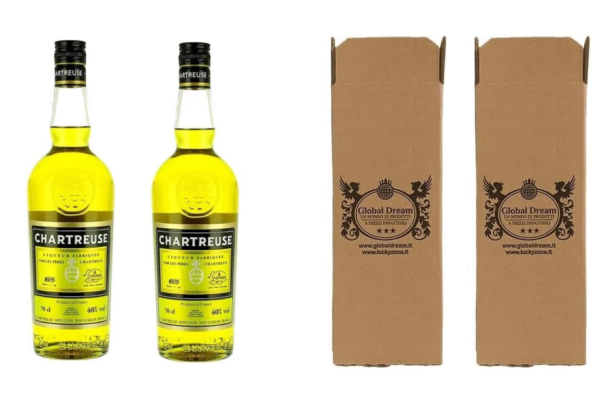 CG94 Chartreuse Jaune Liqueur aux Herbes Aromatiques, 43% Vol, 70 cl, 2 Bouteilles en Verre | Emballage Global Dream.